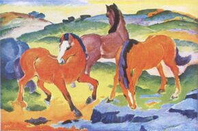 Gemäldereproduktion von Franz Marc, "Rote Pferde". Farbenlichtdruck, Verlags-Nr. 11427. (Privatbesitz)