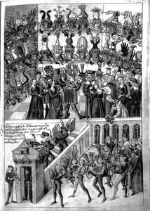 Darstellung einer der einem Turnier vorangehenden Wappenschau. (aus: Wappenbuch des Konrad Grünenberg, ca. 1480, Bayerische Staatsbibliothek, Cgm 145, fol. 233r)