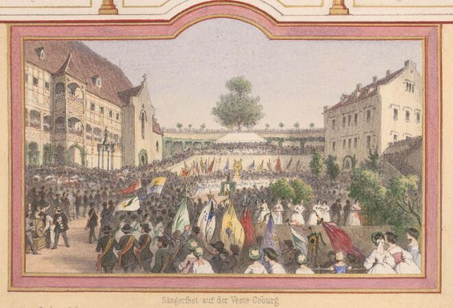 Ausschnitt aus dem Jahresblatt der Hauschronik (1842-1867) von Herzogin Alexandrine (1820-1904): Sängerfest 1855. (Landesbibliothek Coburg, Einband-Sammlung F 61,136.)