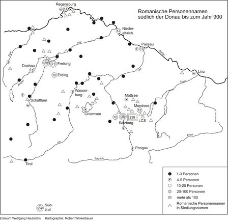Romanische Personennamen südlich der Donau, belegt bis zum Jahr 900. (Karte 1. Entwurf: Wolfgang Haubrichs. Kartographie: Robert Winkelbauer)