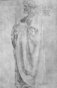 Die 1523 entstandene Zeichnung, die den Apostel Philippus zeigt, nimmt die Gestalt des Paulus der "Vier Apostel" vorweg. (aus: Winkler, Die Zeichnungen Albrecht Dürers. 4. Band, Berlin 1936, Nr. 878)