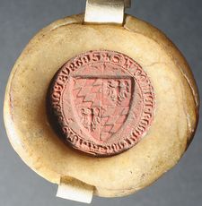 Wappen mit Rauten und Adler, im 14. Jahrhundert von den Wittelsbacher Kurfürsten von Brandenburg genutzt. Siegel von Markgraf Ludwig II dem Römer aus einer Urkunde aus dem Kloster Pettendorf vom 13.12.1355. (Staatsarchiv Augsburg, Reichsstift Kaisheim - Kloster Pettendorf Urkunden 96)