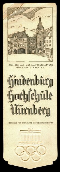Datei:Lesezeichen Handelshochschule Nuernberg Olympiade 1936.jpg