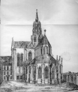 Ansicht der Kaisheimer Klosterkirche, ca. 1850. (Abb. aus: Martin Scheidler, Chronik des ehemaligen Reichsstiftes Kaisersheim nebst einer Beschreibung der Kirche, Nördlingen 1867, Tafel 6)