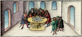 Darstellung des "Runden Vertrags" von 1435 in der in der Chronik der Bischöfe von Würzburg des Lorenz Fries (1489/91–1550). (Universitätsbibliothek Würzburg, M.ch.f.760, fol. 380r)