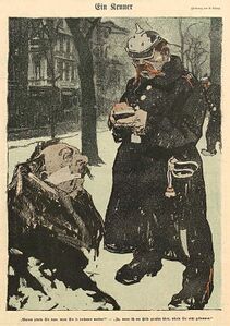 In der Karikatur "Ein Kenner" von Eduard Thöny (1866-1950) wird der Vorwurf des eher auf kleinliches Einhalten der Vorschriften statt auf Verbrechenbekämpfung bedachten Gendarmen dargestellt. (Abb. aus: Simplicissimus 7 (1902), Heft Nr. 36, 284)