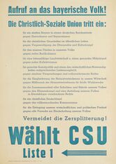 Wahlplakat der Christlich-Sozialen Union (CSU), 1946. (Hanns-Seidel-Stiftung, Pl S : 1113)