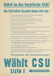 Wahlplakat der Christlich-Sozialen Union (CSU), 1946. (Hanns-Seidel-Stiftung, Pl S : 1113)