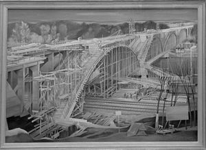"Donaubrücke bei Leipheim" von Carl Theodor Protzen (1887-1956) von 1935/36. Ausgestellt bei der Großen Deutschen Kunstausstellung 1937. Fotografie von Georg Schödl. (Stadtarchiv München, DE-1992-FS-NS-00641)
