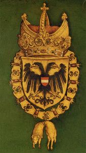 Wappen Maximilians I. von Österreich (reg. 1486-1519, Kaiser seit 1508). Ausschnitt aus dem von Albrecht Dürer (1471-1528) angefertigten Portrait des Kaisers von 1519. (Wikimedia Commons)