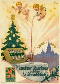 Münchner Löwenbräu als Weihnachtsbescherung, um 1928. (Werbeblatt für Geschenkekistchen, Bayerisches Wirtschaftsarchiv F2, 9517)