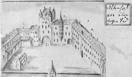 Zeichnung des "Altenhof von innen" von Johann Paul Stimmelmayr, Ende 18. Jahrhundert. (Archiv des Erbistums München und Freising)