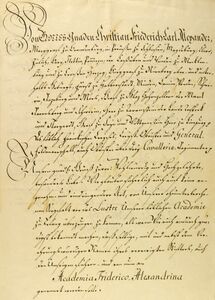 Am 12. Oktober 1769 verfügte Markgraf Alexander die Umbenennung in „Academia Friderico-Alexandrina“. (Universitätsarchiv Erlangen-Nürnberg A1/1 Nr. 49)