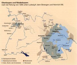 Oberbayern und Niederbayern nach der Teilung von 1255 unter Ludwig II. dem Strengen und Heinrich XIII. (in: Reinhard Stauber/Gerhard Tausche/Richard Loibl, Niederbayerns Reiche Herzöge [Hefte zur Bayerischen Geschichte und Kultur Band 38], Augsburg 2009, 8)