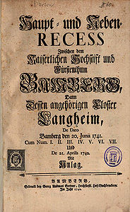 Titelblatt des Haupt- und Nebenrecess zwischen dem Hochstift Bamberg und Kloster Langheim, gedruckt 1741/42 in Bamberg. (Bayerische Staatsbibliothek, 4 Bavar. 3426 i)