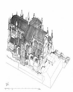 Rekonstruktion des Domes um 1335. Isometrische Zeichnung von Gilbert Diller und Ana Pancini. (Abb. aus: Achim Hubel/Manfred Schuller, Der Dom zu Regensburg. Tafeln, Regensburg 2010, Tafel 17)