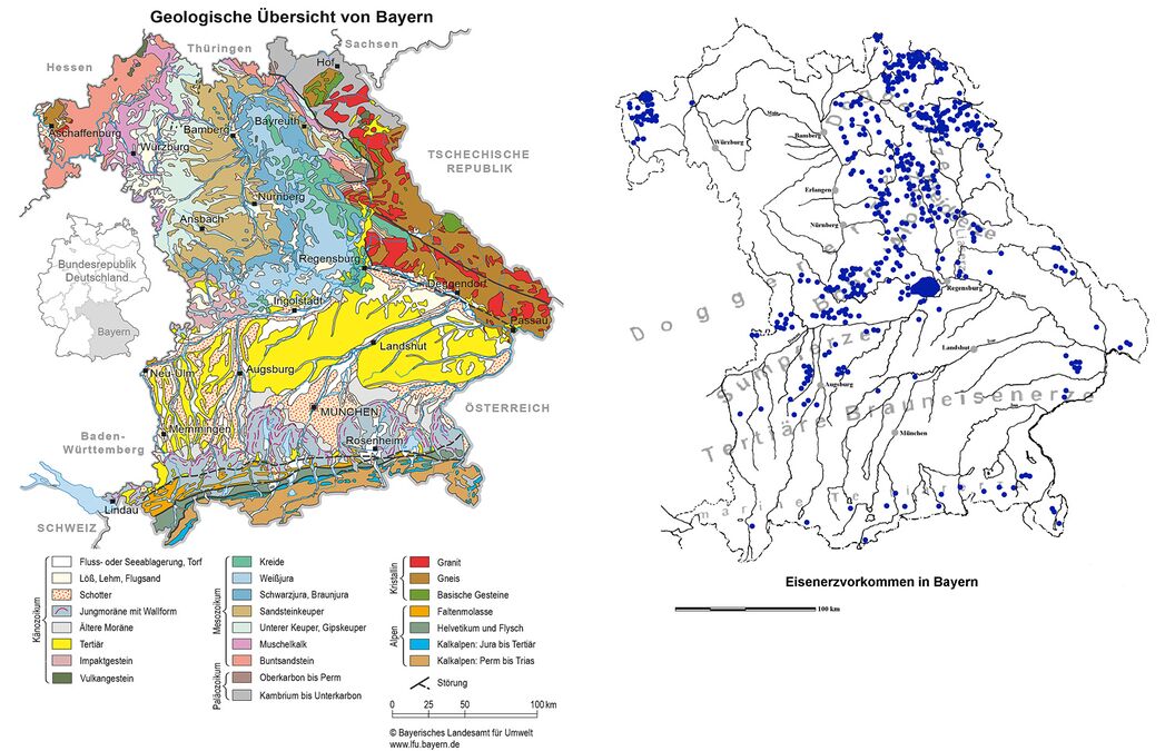 Abb. 1 – Geologische Übersicht Bayerns und Verbreitung der Eisenerzvorkommen im Freistaat (links: Bayerisches Landesamt für Umwelt 2020; rechts: M. Straßburger).