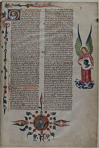 Claudius Galenus (ca. 129-ca. 199), Opera: Engel mit Wappen Hartmann Schedels. Nürnberg, Jacob Elsner 1503 in Bologneser Handschrift von 1304. (Bayerische Staatsbibliothek, Clm 5, f. 1r)