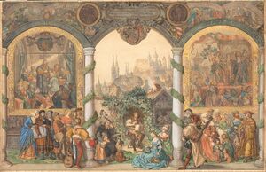 Die Meistersinger von Nürnberg ("Hans Sachs und Nürnberg’s Blüthezeit in Kunst und Poesie"), Aquarell von Eduard Ille (1823-1900) aus dem Zyklus "Aus deutscher Sage und Geschichte", 1866. Ludwig II. ließ dieses Bild während seiner Anwesenheit nach Nürnberg bringen und im Rathaus öffentlich ausstellen. (Bayerische Schlösserverwaltung, Grafiksammlung DI000079)
