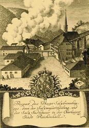 Reichenhaller Saline mit Sudhäusern und Brunnhaus. Kupferstich, 18. Jahrhundert. (Stadtarchiv Bad Reichenhall)
