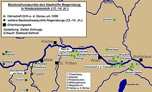 Besitzschwerpunkte des Hochstifts Regensburg in Niederösterreich (12.-14. Jh.). (Gestaltung: Stefan Schnupp; Entwurf: Diethard Schmid)