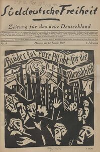 Titelblatt der Ausgabe Nr. 9, 13. Januar 1919, mit einer Illustration von Fritz Schaefler "Brüder tut eure Pflicht für die Menschheit".