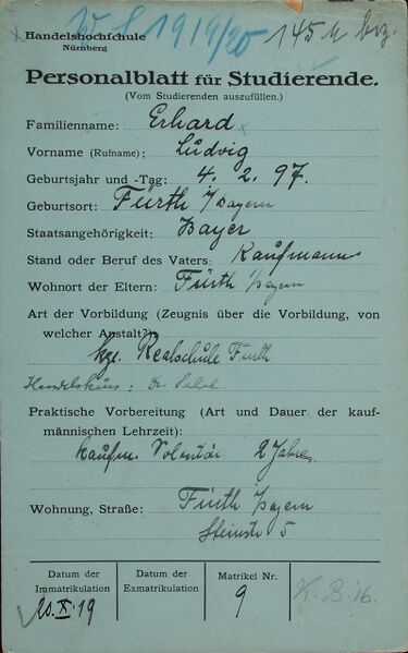 Datei:Matrikelkarte Ludwig Erhard Siegel Handelshochschule Nuernberg 19251919.jpg