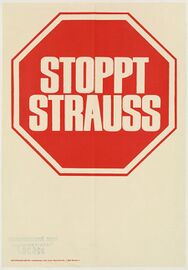 Logo der Kampagne "Stoppt Strauß", die im Rahmen der Bundestagswahl und der Kanzlerkandidatur Franz Josef Strauß' Stimmung gegen den Kandidaten machte. (Bayerisches Hauptstaatsarchiv, PS 26307)