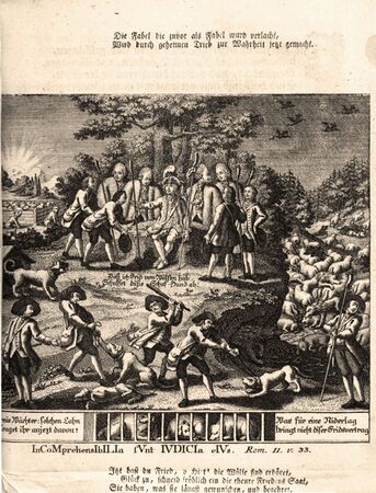 Karikatur über die Aufhebung des Jesuitenordens, 1773. Die Karikatur bezieht sich auf die Fabel "Die Wölfe und die Schafe", wobei die Jesuiten hier als Hirtenhunde dargestellt werden, die abgeschafft werden und so die Gläubigen (Schafe) von der Wölfen gerissen werden können. (Bayerische Staatsbibliothek, Res/4 Jes. 80-1/6#Beibd.6)