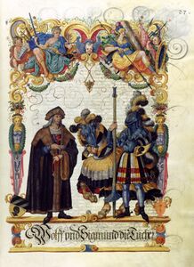 Im Großen Tucherbuch werden Wolf und Sigmund Tucher als Mitausrichter und Teilnehmer des sagenhaften Nürnberger Turniers von 1198 dargestellt. Viele Nürnberger Patriziergeschlechter leiteten ihren angestammten Adel aus der angeblichen Teilnahme an diesem Turnier ab. Tatsächlich aber hatte dieses Turnier nie stattgefunden. (aus: Das Große Tucherbuch, entstanden zwischen 1590 und 1606, Stadtarchiv Nürnberg E 29/III Nr. 258, fol. 27r.)