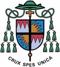 Der Fränkische Rechen im Wappen des Würzburger Bischofs em. Dr. Friedhelm Hofmann (geb. 1942). Der Wahlspruch lautet: "Crux spes unica" ("Das Kreuz - einzige Hoffnung"). (Veröffentlichung mit Genehmigung von Bischof em. Dr. Friedhelm Hofmann)