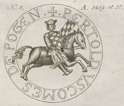 Idealisierte Abzeichnung des Siegels von Graf Bertholds III. von Bogen aus dem Jahr 1209. Abb. aus: Hermann Scholliner, Stemmatographia Illvstrissimorvm S. R. I. Comitvm De Bogen (…), München 1792 (?), Taf. 2. (Bayerische Staatsbibliothek, Res/4 Bavar. 1667)