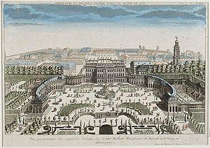 Schloss und Planstadt Erlangen. Kolorierter Kupferstich von Paul Decker (1677-1713), 1713. (Universitätsbibliothek Erlangen)