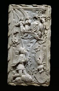 Modell für das Hochgrab Ludwigs des Bärtigen von Hans Multscher 1430. Das Modell zeigt den Herzog als hl. Oswald von Northumbria kniend vor der dem Gnadenstuhl der hl. Dreifaltigkeit. Bei Grabmälern war es ansonsten üblich, den Verstorbenen in liegender Position darzustellen. (Bayerisches Nationalmuseum)