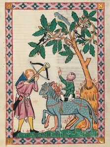 Diese Miniatur aus dem Codex Manesse zeigt den Minnesänger Kol von Nüssen - seine Minnelieder entstanden wohl um 1230 bis 1250 - als Armbrustschützen auf der Beizjagd. (Universitätsbibliothek Heidelberg, Cod. Pal. germ. 848, Bl. 396r)