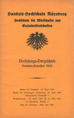 Titelseite des Vorlesungsverzeichnisses vom Sommersemester 1925. Broschur, 1925. (Universitätsarchiv Erlangen-Nürnberg H1/2c)