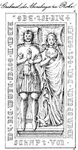 Stich des Grabmals des Grafen Gebhards I. von Abensberg (gest. 1169) in der Klosterkirche von Rohr (aus: Die Grabstätten der Grafen und Reichsherren von Abensberg in Kloster Rohr und Abensberg, Abensberg 1881, Taf. I) (Bayerische Staatsbibliothek Bavar. 2530 h)