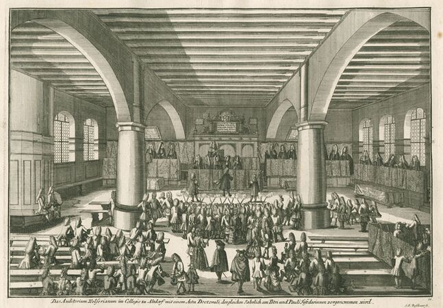 Das Auditorium Welserianum im Collegio zu Altdorf, Kupferstich um 1710. (Bayerische Staatsbibliothek, Bildarchiv port-036622)