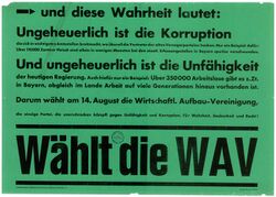 Wahlplakat der WAV anläßlich der Bundestagswahl am 14. August 1949. (HStA, PS 26376)