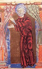 Darstellung des Hl. Wunibald (701-761) im Pontifikale Gundekarianum (entstanden um 1072, erweitert bis 1697). Wunibald war Gründer und erster Abt des Klosters Heidenheim am Hahnenkamm (Lkr. Weißenburg-Gunzenhausen). (Diözesanarchiv Eichstätt, Codex B 4, fol. 16r)