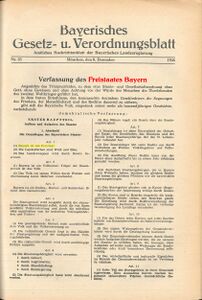 In der Bayerischen Verfassung von 1946 wird im § 1 Abs. 1 Bayern als Freistaat bezeichnet (farblich hervorgehoben). (Veröffentlichung der Bayerischen Verfassung von 1946 im Bayerischen Gesetz- und Verordnungsblatt, Nr. 23 (8.12.1946), 333)