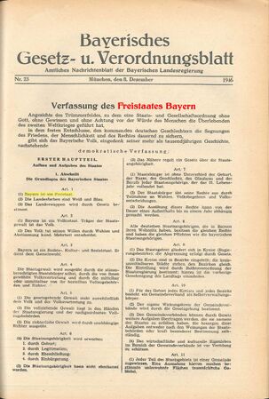 In der Bayerischen Verfassung von 1946 wird im § 1 Abs. 1 Bayern als Freistaat bezeichnet (farblich hervorgehoben). (Veröffentlichung der Bayerischen Verfassung von 1946 im Bayerischen Gesetz- und Verordnungsblatt, Nr. 23 (8.12.1946), 333)