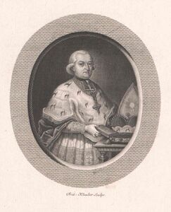 Josef Graf Stubenberg (1740-1824) wurde 1790 zum Fürstbischof von Eichstätt gewählt. Nach der Säkularisation übte er sein geistliches Amt weiter aus. 1818 wurde er Erzbischof von Bamberg und blieb gleichzeitig auch Administrator von Eichstätt. Wegen seines hohen Alters bereiste er nie das Erzbistum Bamberg. Er starb 1824 in Eichstätt. (Österreichische Nationalbibliothek, PORT_00080734_01 POR MAG)