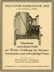 Titelblatt des Salvatorjahreshefts von 1922 zum Salvatorauftakt nach siebenjähriger Pause. Zeichnung: Otto Obermeier (1883-1958). (Bayerisches Wirtschaftsarchiv, F145, 2249)