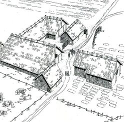 Regensburg-Kreuzhof (Stadt Regensburg). Rekonstruktionsvorschlag zum Herrenhof der Zeit um 700 mit Kirche und Friedhof. (Grafik von Ferdinand Leja, Bayerisches Landesamt für Denkmalpflege)