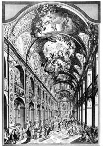 Innenansicht des von Cosmas Damian Asam 1724 neugestalteten Freisinger Doms. Kupferstich von Franz Joseph Mörl. (in: Freising. 1250 Geistliche Stadt. 2. Band: Beiträge zur Geschichte und Kunstgeschichte der altbayerischen Bischofsstadt, Freising 1994, 211)