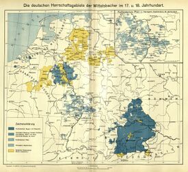 Deutsche Herrschaftsgebiete der Wittelsbacher im 17. und 18. Jahrhundert. (aus: Wilhelm Winkler, Pfälzischer Geschichtsatlas, Neustadt a.d.Haardt 1935, Karte 18)