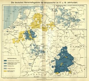 Deutsche Herrschaftsgebiete der Wittelsbacher im 17. und 18. Jahrhundert. (aus: Wilhelm Winkler, Pfälzischer Geschichtsatlas, Neustadt a.d.Haardt 1935, Karte 18)
