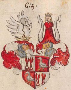 Das Wappen derer von Giech nach der Wappenmehrung von 1482. (Bayerische Staatsbibliothek, Cod.Icon. 307, fol. 72.)