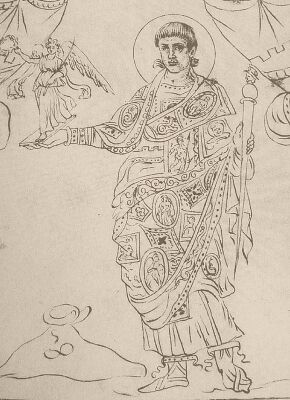 Constantius Gallus (Caesar 354) im "Chronograph von 354" (fol. 14r, Ausschnitt) mit spitzstabigem Szepter, das von einem behelmten Kopf (Roma darstellend) auf Globus bekrönt ist. Das Kalenderhandbuch ist nur in Kopien des 16./17. Jhs. einer wiederum karolingischen Kopie des 9. Jhs. erhalten. Auf fol. 13r und 14r sind Umzeichnungen von verschollenen Diptychen der Kaiser Constantius II. und Constantius Gallus, die 354 gemeinsam regierten, abgebildet. (Digitalisat: Biblioteca Apostolica Vaticana, Barb. lat. 2154, fol. 14r) (Abb. aus: Richard Delbrück, Die Consulardiptychen und verwandte Denkmäler, Berlin u. Leipzig 1929, Tafel 20)